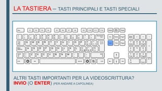 LA TASTIERA – TASTI PRINCIPALI E TASTI SPECIALI
ALTRI TASTI IMPORTANTI PER LA VIDEOSCRITTURA?
INVIO (O ENTER) (PER ANDARE A CAPOLINEA)
 