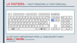 LA TASTIERA – TASTI PRINCIPALI E TASTI SPECIALI
ALTRI TASTI IMPORTANTI PER LA VIDEOSCRITTURA?
INVIO (O ENTER) (PER ANDARE
A CAPOLINEA)
 