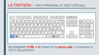 LA TASTIERA – TASTI PRINCIPALI E TASTI SPECIALI
AD ESEMPIO CTRL + V PERMETTE DI INCOLLARE LA PORZIONE DI
TESTO SELEZIONATA
 