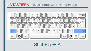 LA TASTIERA – TASTI PRINCIPALI E TASTI SPECIALI
Shift + a  A
 