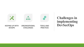 Challenges in
implementing
DevSecOpsKEEPING UP WITH
DEVOPS
ORGANIZATIONAL
CHALLENGES
TOOLS AND
PRACTICES
 