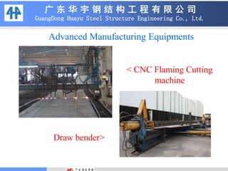 广 东 华 宇 钢 结 构 工 程 有 限 公 司
GuangDong Huayu Steel Structure Engineering Co., Ltd.
< CNC Flaming Cutting
machine
Draw bender>
Advanced Manufacturing Equipments
 