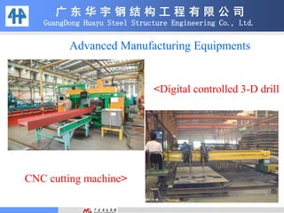CNC cutting machine>
<Digital controlled 3-D drill
广 东 华 宇 钢 结 构 工 程 有 限 公 司
GuangDong Huayu Steel Structure Engineering Co., Ltd.
Advanced Manufacturing Equipments
 