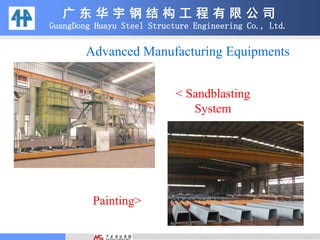 广 东 华 宇 钢 结 构 工 程 有 限 公 司
GuangDong Huayu Steel Structure Engineering Co., Ltd.
< Sandblasting
System
Painting>
Advanced Manufacturing Equipments
 