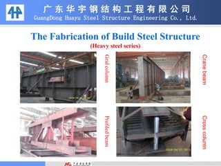 The Fabrication of Build Steel Structure
(Heavy steel series)
广 东 华 宇 钢 结 构 工 程 有 限 公 司
GuangDong Huayu Steel Structure Engineering Co., Ltd.
GridcolumnProfiledbeam
CranebeamCrosscolumn
 