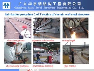 Fabrication procedure 2 of T section of curtain wall steel structure
check straightness adjust the hole location cutting length
check coating thickness intermediate painting final coating
广 东 华 宇 钢 结 构 工 程 有 限 公 司
GuangDong Huayu Steel Structure Engineering Co., Ltd.
 
