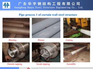 Pipe process 1 of curtain wall steel structure
Blasting Primer Cutting
Outside tapping Inside tapping Assemble
广 东 华 宇 钢 结 构 工 程 有 限 公 司
GuangDong Huayu Steel Structure Engineering Co., Ltd.
 