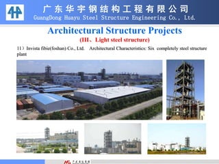 11）Invista fibie(foshan) Co., Ltd. Architectural Characteristics: Six completely steel structure
plant
广 东 华 宇 钢 结 构 工 程 有 限 公 司
GuangDong Huayu Steel Structure Engineering Co., Ltd.
Architectural Structure Projects
(III、Light steel structure)
 