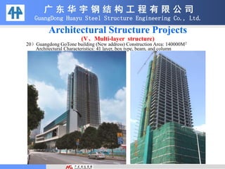 广 东 华 宇 钢 结 构 工 程 有 限 公 司
GuangDong Huayu Steel Structure Engineering Co., Ltd.
Architectural Structure Projects
(V、Multi-layer structure)
20）Guangdong GoTone building (New address) Construction Area: 140000M2
Architectural Characteristics: 41 layer, box type, beam, and column
 
