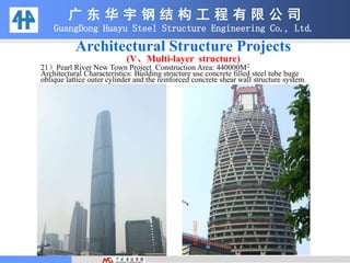 广 东 华 宇 钢 结 构 工 程 有 限 公 司
GuangDong Huayu Steel Structure Engineering Co., Ltd.
Architectural Structure Projects
(V、Multi-layer structure)
21）Pearl River New Town Project Construction Area: 440000M2
Architectural Characteristics: Building structure use concrete filled steel tube huge
oblique lattice outer cylinder and the reinforced concrete shear wall structure system.
 