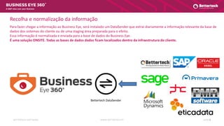 WWW.BETTERTECH.PTBETTERTECH SOFTWARE SLIDE 3
A 360º view over your Business
Recolha e normalização da informação
Para fazer chegar a informação ao Business Eye, será instalado um DataSender que extrai diariamente a informação relevante da base de
dados dos sistemas do cliente ou de uma staging área preparada para o efeito.
Essa informação é normalizada e enviada para a base de dados do Business Eye.
É uma solução ONSITE. Todas as bases de dados dados ficam localizados dentro da infraestrutura do cliente.
Bettertech DataSender
 