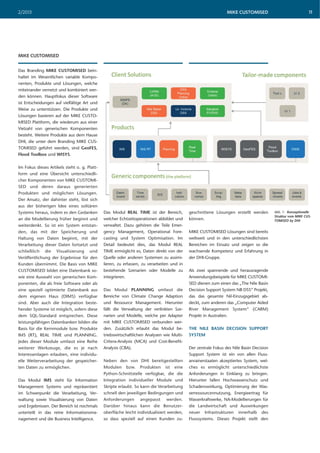 MIKE CUSTOMISED2/2013 11
Das Branding MIKE CUSTOMISED bein-
haltet im Wesentlichen variable Kompo-
nenten, Produkte und Lösungen, welche
miteinander vernetzt und kombiniert wer-
den können. Hauptfokus dieser Software
ist Entscheidungen auf vielfältige Art und
Weise zu unterstützen. Die Produkte und
Lösungen basieren auf der MIKE CUSTO-
MISED Plattform, die wiederum aus einer
Vielzahl von generischen Komponenten
besteht. Weitere Produkte aus dem Hause
DHI, die unter dem Branding MIKE CUS-
TOMISED geführt werden, sind GeoFES,
Flood Toolbox und WISYS.
Im Fokus dieses Artikels steht o. g. Platt-
form und eine Übersicht unterschiedli-
cher Komponenten von MIKE CUSTOMI-
SED und deren daraus generierten
Produkten und möglichen Lösungen.
Der Ansatz, der dahinter steht, löst sich
aus der bisherigen Idee eines solitären
Systems heraus, indem es den Gedanken
an die Modellierung früher beginnt und
weiterdenkt. So ist ein System entstan-
den, das mit der Speicherung und
Haltung von Daten beginnt, mit der
Verarbeitung dieser Daten fortsetzt und
schließlich die Visualisierung und
Veröffentlichung der Ergebnisse für den
Kunden übernimmt. Die Basis von MIKE
CUSTOMISED bildet eine Datenbank so-
wie eine Auswahl von generischen Kom-
ponenten, die als freie Software oder als
eine speziell optimierte Datenbank aus
dem eigenen Haus (DIMS) verfügbar
sind. Aber auch die Integration beste-
hender Systeme ist möglich, sofern diese
dem SQL-Standard entsprechen. Diese
leistungsfähigen Datenbanken bilden die
Basis für die Kernmodule bzw. Produkte
IMS (RT), REAL TIME und PLANNING.
Jedes dieser Module umfasst eine Reihe
weiterer Werkzeuge, die es je nach
Interessenlagen erlauben, eine individu-
elle Weiterverarbeitung der gespeicher-
ten Daten zu ermöglichen.
Das Modul IMS steht für Information
Management Systems und repräsentiert
im Schwerpunkt die Verarbeitung, Ver-
waltung sowie Visualisierung von Daten
und Ergebnissen. Der Bereich ist nochmals
unterteilt in das reine Informationsma-
nagement und die Business Intelligence.
Das Modul REAL TIME ist der Bereich,
welcher Echtzeitoperationen abbildet und
verwaltet. Dazu gehören die Teile Emer-
gency Management, Operational Fore-
casting und System Optimisation. Im
Detail bedeutet dies, das Modul REAL
TIME ermöglicht es, Daten direkt von der
Quelle oder anderen Systemen zu assimi-
lieren, zu erfassen, zu verarbeiten und in
bestehende Szenarien oder Modelle zu
integrieren.
Das Modul PLANNING umfasst die
Bereiche von Climate Change Adaption
und Ressource Management. Hierunter
fällt die Verwaltung der verlinkten Sze-
narien und Modelle, welche per Adapter
mit MIKE CUSTOMISED verbunden wer-
den. Zusätzlich erlaubt das Modul be-
triebswirtschaftlichen Analysen wie Multi-
Critera-Analysis (MCA) und Cost-Benefit-
Analysis (CBA).
Neben den von DHI bereitgestellten
Modulen bzw. Produkten ist eine
Python-Schnittstelle verfügbar, die die
Integration individueller Module und
Skripte erlaubt. So kann die Verarbeitung
schnell den jeweiligen Bedingungen und
Anforderungen angepasst werden.
Darüber hinaus kann die Benutzer-
oberfläche leicht individualisiert werden,
so dass speziell auf einen Kunden zu-
geschnittene Lösungen erstellt werden
können.
MIKE CUSTOMISED Lösungen sind bereits
weltweit und in den unterschiedlichsten
Bereichen im Einsatz und zeigen so die
wachsende Kompetenz und Erfahrung in
der DHI-Gruppe.
Als zwei spannende und herausragende
Anwendungsbeispiele für MIKE CUSTOMI-
SED dienen zum einen das „The Nile Basin
Decision Support System NB DSS“ Projekt,
das das gesamte Nil-Einzugsgebiet ab-
deckt, zum anderen das „Computer Aided
River Management System“ (CARM)
Projekt in Australien.
THE NILE BASIN DECISION SUPPORT
SYSTEM
Der zentrale Fokus des Nile Basin Decision
Support System ist ein von allen Fluss-
anrainerstaaten akzeptiertes System, wel-
ches es ermöglicht unterschiedlichste
Anforderungen in Einklang zu bringen.
Hierunter fallen Hochwasserschutz und
Schadenswirkung, Optimierung der Was-
serressourcennutzung, Energieertrag für
Wasserkraftwerke, NA-Modellierungen für
die Landwirtschaft und Auswirkungen
neuer Infrastrukturen innerhalb des
Flusssystems. Dieses Projekt stellt den
MIKE CUSTOMISED
Abb. 1: Konzeptionelle
Struktur vom MIKE CUS-
TOMISED by DHI
 