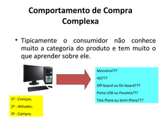 Comportamento de Compra
Complexa
• Tipicamente o consumidor não conhece
muito a categoria do produto e tem muito o
que aprender sobre ele.
Memória???
HD???
Off-board ou On-board???
Porta USB ou Paralela???
1º - Crenças;
2º - Atitudes;
3º - Compra.

Tela Plana ou Semi-Plana???

 