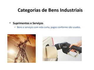 Categorias de Bens Industriais
• Suprimentos e Serviços
– Bens e serviços com vida curta, pagos conforme são usados.

 