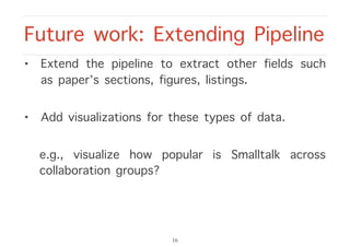 Future work: Extending Pipeline
16
• Extend the pipeline to extract other fields such
as paper’s sections, figures, listin...
