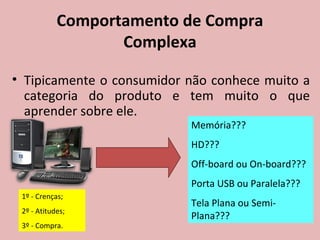 Comportamento de Compra
Complexa
• Tipicamente o consumidor não conhece muito a
categoria do produto e tem muito o que
aprender sobre ele.
Memória???
HD???
Off-board ou On-board???
Porta USB ou Paralela???
Tela Plana ou Semi-
Plana???
1º - Crenças;
2º - Atitudes;
3º - Compra.
 