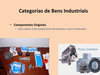 Categorias de Bens Industriais
• Componentes Originais
– Itens usados como componentes dos produtos a serem produzidos
 