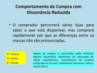 Comportamento de Compra com
Dissonância Reduzida
• O comprador percorrerá várias lojas para
saber o que está disponível, mas comprará
rapidamente por que as diferenças entre as
marcas não são pronunciadas.
1º - Compra;
2º - Crença;
3º - Atitude.
Depois da compra, o consumidor pode enfrentar
alguma dissonância decorrente da percepção de
certas características insatisfatórias do produto
comprado ou de ouvir comentários favoráveis sobre a
concorrência.
 