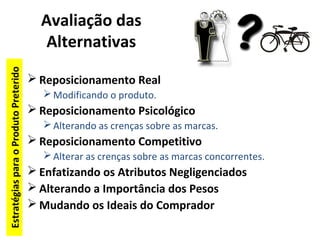 Avaliação das
Alternativas
 Reposicionamento Real
Modificando o produto.
 Reposicionamento Psicológico
Alterando as crenças sobre as marcas.
 Reposicionamento Competitivo
Alterar as crenças sobre as marcas concorrentes.
 Enfatizando os Atributos Negligenciados
 Alterando a Importância dos Pesos
 Mudando os Ideais do Comprador
EstratégiasparaoProdutoPreterido
 
