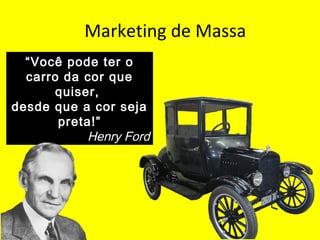 Marketing de Massa
“Você pode ter o
carro da cor que
quiser,
desde que a cor seja
preta!”
Henry Ford
 