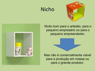 Nicho
Muito bom para o artesão, para o
pequeno empresário ou para o
pequeno empreendedor.
Mas não é comercialmente viável
para a produção em massa ou
para o grande produtor.
 