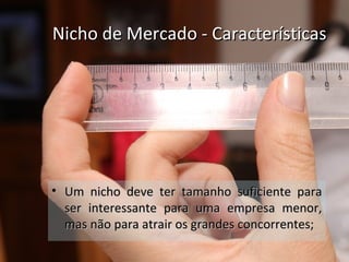 Nicho de Mercado - CaracterísticasNicho de Mercado - Características
• Um nicho deve ter tamanho suficiente paraUm nicho deve ter tamanho suficiente para
ser interessante para uma empresa menor,ser interessante para uma empresa menor,
mas não para atrair os grandes concorrentes;mas não para atrair os grandes concorrentes;
 