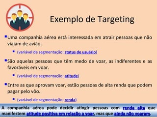 Exemplo de Targeting
Uma companhia aérea está interessada em atrair pessoas que não
viajam de avião.
 (variável de segmentação: status de usuário)
São aquelas pessoas que têm medo de voar, as indiferentes e as
favoráveis em voar.
 (variável de segmentação: atitude)
Entre as que aprovam voar, estão pessoas de alta renda que podem
pagar pelo vôo.
 (variável de segmentação: renda)
A companhia aérea pode decidir atingir pessoas com renda altarenda alta que
manifestem atitude positiva em relação a voaratitude positiva em relação a voar, mas que ainda não voaramainda não voaram.
 