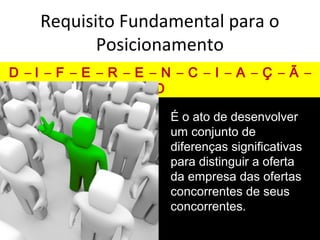 Requisito Fundamental para o
Posicionamento
D – I – F – E – R – E – N – C – I – A – Ç – Ã –
O
É o ato de desenvolver
um conjunto de
diferenças significativas
para distinguir a oferta
da empresa das ofertas
concorrentes de seus
concorrentes.
 