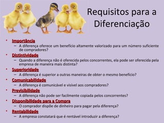 Requisitos para a
Diferenciação
• ImportânciaImportância
– A diferença oferece um benefício altamente valorizado para um número suficiente
de compradores?
• DistintividadeDistintividade
– Quando a diferença não é oferecida pelos concorrentes, ela pode ser oferecida pela
empresa de maneira mais distinta?
• SuperioridadeSuperioridade
– A diferença é superior a outras maneiras de obter o mesmo benefício?
• ComunicabilidadeComunicabilidade
– A diferença é comunicável e visível aos compradores?
• PrevisibilidadePrevisibilidade
– A diferença não pode ser facilmente copiada pelos concorrentes?
• Disponibilidade para a CompraDisponibilidade para a Compra
– O comprador dispõe de dinheiro para pagar pela diferença?
• RentabilidadeRentabilidade
– A empresa constatará que é rentável introduzir a diferença?
 