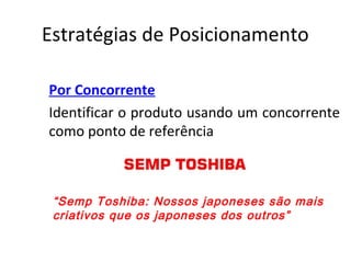 Estratégias de Posicionamento
Por Concorrente
Identificar o produto usando um concorrente
como ponto de referência
“Semp Toshiba: Nossos japoneses são mais
criativos que os japoneses dos outros”
 
