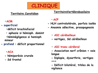 Territoire Carotidien
•ACM
- superficiel
•déficit brachiofacial
• aphasie si hémisph. domint
•héminégligence si hemisph
mineur
- profond : déficit proportionnel
•ACA
- hémiparésie crurale
- Sd frontal
CLINIQUE
TerritoireVertébrobasilaire
• ACP
- HLH controlatérale, parfois isolée
- Anosmie sélective, prosopagnosie
• AIC cérébelleux
- vertiges, Sd cérébelleux
• AIC tronc cérébral
- Association nerf crânien + voie
longue
- Diplopie, dysarthrie, vertiges
+++
- Déficit bilatéral, trbles de la
vigilance
 