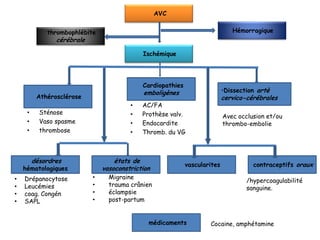 AVC
Ischémique
Hémorragique
Cardiopathies
emboligènes •Dissection artè
cervico-cérébralesAthérosclérose
désordres
hématologiques
états de
vasoconstriction
vascularites contraceptifs oraux
thrombophlébite
cérébrale
médicaments
• Sténose
• Vaso spasme
• thrombose
• AC/FA
• Prothèse valv.
• Endocardite
• Thromb. du VG
Avec occlusion et/ou
thrombo-embolie
• Drépanocytose
• Leucémies
• coag. Congén
• SAPL
• Migraine
• trauma crânien
• éclampsie
• post-partum
Cocaine, amphétamine
/hypercoagulabilité
sanguine.
 