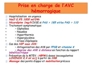 Prise en charge de l’AVC
hémorragique
 Hospitalisation en urgence
 NaCl 0,9% 1000 ml/24h
 Nicardipine 1mg/h IVSE si PAS > 185 et/ou PAD > 110
 Traitement symptomatique:
• – Céphalées
• – Nausées
• – Hyperthermie
• – Hyperglycémie
• – Crises d’épilepsie
 Cas des HIP sous AVK:
• – Antagonisation des AVK par PPSB et vitamine K
• – Reprise des AVK à distance en fonction du rapport
bénéfice/risque
 Prévention de la MTEV : HBPM à doses isocoagulantes
LOVENOX 0,4 ml sc/j à partir de H48
 Massage des points d’appui et mobilisation précoce
 