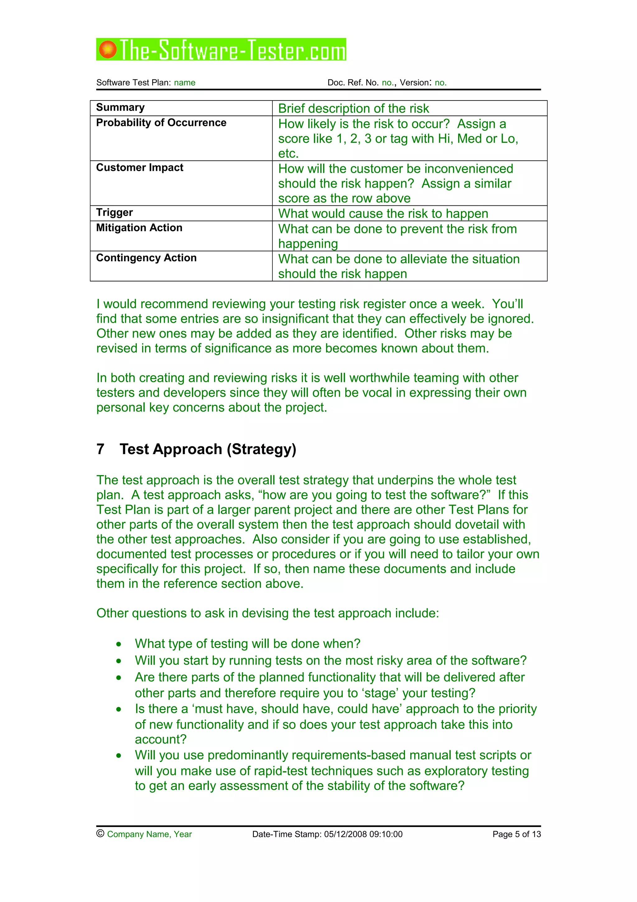 Software Test Plan: name Doc. Ref. No. no., Version: no.
Summary Brief description of the risk
Probability of Occurrence How likely is the risk to occur? Assign a
score like 1, 2, 3 or tag with Hi, Med or Lo,
etc.
Customer Impact How will the customer be inconvenienced
should the risk happen? Assign a similar
score as the row above
Trigger What would cause the risk to happen
Mitigation Action What can be done to prevent the risk from
happening
Contingency Action What can be done to alleviate the situation
should the risk happen
I would recommend reviewing your testing risk register once a week. You’ll
find that some entries are so insignificant that they can effectively be ignored.
Other new ones may be added as they are identified. Other risks may be
revised in terms of significance as more becomes known about them.
In both creating and reviewing risks it is well worthwhile teaming with other
testers and developers since they will often be vocal in expressing their own
personal key concerns about the project.
7 Test Approach (Strategy)
The test approach is the overall test strategy that underpins the whole test
plan. A test approach asks, “how are you going to test the software?” If this
Test Plan is part of a larger parent project and there are other Test Plans for
other parts of the overall system then the test approach should dovetail with
the other test approaches. Also consider if you are going to use established,
documented test processes or procedures or if you will need to tailor your own
specifically for this project. If so, then name these documents and include
them in the reference section above.
Other questions to ask in devising the test approach include:
• What type of testing will be done when?
• Will you start by running tests on the most risky area of the software?
• Are there parts of the planned functionality that will be delivered after
other parts and therefore require you to ‘stage’ your testing?
• Is there a ‘must have, should have, could have’ approach to the priority
of new functionality and if so does your test approach take this into
account?
• Will you use predominantly requirements-based manual test scripts or
will you make use of rapid-test techniques such as exploratory testing
to get an early assessment of the stability of the software?
© Company Name, Year Date-Time Stamp: 05/12/2008 09:10:00 Page 5 of 13
 