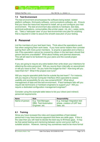 Software Test Plan: name Doc. Ref. No. no., Version: no.
7.3 Test Environment
The test environment encompasses the software being tested, related
platform software, third-party software, communications software, etc. Ensure
that you have the resources required to install, set up and configure your test
environment. The test environment also extends to hardware, test data,
technical publications, consumables (like printer paper, ink, etc.), swipe cards,
etc. Take a ‘helicopter view’ of your test environment and plan for anything
that is required in order to assure the smooth execution of your testing.
8 Personnel
List the members of your test team here. Think about the specialisms each
has when assigning them work tasks. If you have senior testers then consider
pairing them with more junior members. Is anyone a specialist and is there a
risk if this specialism cannot be covered by others in the test team should that
person become unavailable? What about holiday and planned absences.
This will all need to be factored into your plans and the overall project
schedule.
If you are going to require any extra testers then write down your intentions for
obtaining the extra personnel. Will you source them internally on secondment
or will you have to hire? Do you have the budget for this? How long will you
need them for? What if the project over-runs?
Will you require specialist skills that lie outside the test team? For instance,
will you require a Human Computer Interface (HCI) specialist to assess
usability and accessibility for any new screens/GUIs? What about
management of data and the test environment. If test hardware fails will you
require lab technicians or hardware engineers to support you? Will you
require a dedicated configuration management engineer?
Consider using the example table below to list your direct (and indirect)
personnel requirements:
Name Role Responsibility
Name of person E.g. Test Manager,
DBA, Test Automation
Engineer, etc.
E.g. manage integration test
phase, creation of UAT test
data, etc.
8.1 Training
Since you have reviewed the roles and responsibilities of test-related
personnel it may have become apparent that there are skills gaps. If this is
the case then you will need to decide the best way to fill these gaps. It may
be that paired testing and mentoring between senior and junior staff is a
suitable solution. However, training may sometimes need to be more formal
© Company Name, Year Date-Time Stamp: 05/12/2008 09:10:00 Page 7 of 13
 