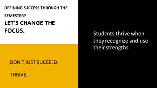 DON'T JUST SUCCEED.
THRIVE.
Students thrive when
they recognize and use
their strengths.
DEFINING SUCCESS THROUGH THE
SEMESTER?
LET'S CHANGE THE
FOCUS.
 