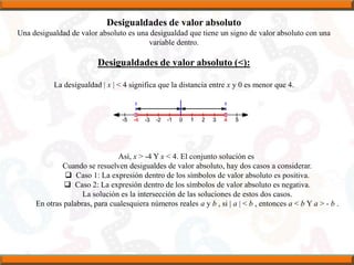 Desigualdades de valor absoluto
Una desigualdad de valor absoluto es una desigualdad que tiene un signo de valor absoluto con una
variable dentro.
Desigualdades de valor absoluto (<):
La desigualdad | x | < 4 significa que la distancia entre x y 0 es menor que 4.
Así, x > -4 Y x < 4. El conjunto solución es
Cuando se resuelven desigualdes de valor absoluto, hay dos casos a considerar.
 Caso 1: La expresión dentro de los símbolos de valor absoluto es positiva.
 Caso 2: La expresión dentro de los símbolos de valor absoluto es negativa.
La solución es la intersección de las soluciones de estos dos casos.
En otras palabras, para cualesquiera números reales a y b , si | a | < b , entonces a < b Y a > - b .
 