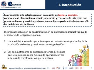 3
1. Introducción
La producción está relacionada con la creación de bienes y servicios,
comprende el planeamiento, diseño, operación y control de los sistemas que
producen bienes y servicios, y abarca un amplio rango de actividades y no sólo
las de fabricación de bienes.
El campo de aplicación de la administración de operaciones productivas puede
delimitarse de la siguiente manera:
1. Los administradores de operaciones productivas son los responsables de la
producción de bienes y servicios en una organización.
2. Los administradores de operaciones toman decisiones
que se relacionan con la función de operaciones y los
sistemas de transformación que se utilizan.
ADMINISTRACIÓN DE LAS OPERACIONES PRODUCTIVAS
 