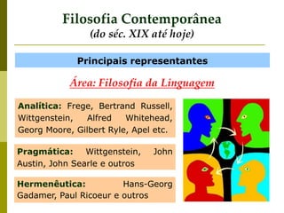 Filosofia Contemporânea
(do séc. XIX até hoje)
Principais representantes
Pragmática: Wittgenstein, John
Austin, John Searle e outros
Hermenêutica: Hans-Georg
Gadamer, Paul Ricoeur e outros
Analítica: Frege, Bertrand Russell,
Wittgenstein, Alfred Whitehead,
Georg Moore, Gilbert Ryle, Apel etc.
Área: Filosofia da Linguagem
 