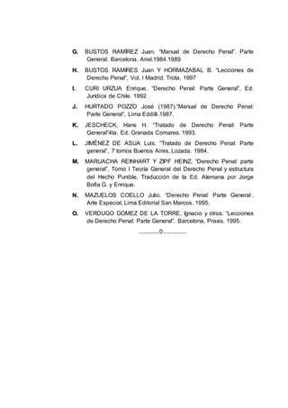 G
G.
. BUSTOS RAMÍREZ Juan. “Manual de Derecho Penal”. Parte
General. Barcelona. Ariel.1984.1989
H
H.
. BUSTOS RAMIRES Juan Y HORMAZABAL B. “Lecciones de
Derecho Penal”, Vol. I Madrid. Trota. 1997
I
I.
. CURI URZUA Enrique. “Derecho Penal: Parte General”, Ed.
Jurídica de Chile. 1992
J
J.
. HURTADO POZZO José (1987).”Manual de Derecho Penal:
Parte General”, Lima Eddilli.1987.
K
K.
. JESCHECK, Hans H. “Tratado de Derecho Penal: Parte
General”4ta. Ed. Granada Comares. 1993.
L
L.
. JIMÉNEZ DE ASUA Luis. “Tratado de Derecho Penal: Parte
general”, 7 tomos Buenos Aires, Lozada. 1984.
M
M.
. MARUACHA REINHART Y ZIPF HEINZ, “Derecho Penal: parte
general”, Tomo I Teoría General del Derecho Penal y estructura
del Hecho Punible, Traducción de la Ed. Alemana por Jorge
Bofia G. y Enrique.
N
N.
. MAZUELOS COELLO Julio. “Derecho Penal: Parte General·.
Arte Especial, Lima Editorial San Marcos. 1995.
O
O.
. VERDUGO GOMEZ DE LA TORRE, Ignacio y otros. “Lecciones
de Derecho Penal: Parte General”. Barcelona, Praxis. 1995.
..............0...............
 