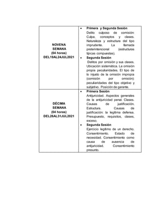 NOVENA
SEMANA
(04 horas)
DEL19AL24JUL2021
 Primera y Segunda Sesión
Delito culposo de comisión:
Culpa, conceptos y clases.
Naturaleza y estructura del tipo
imprudente. La llamada
preterintencional (estructuras
típicas compuestas).
 Segunda Sesión
Delitos por omisión y sus clases.
Ubicación sistemática. La omisión
propia peculiaridades. El tipo de
lo injusto de la omisión impropia
(comisión por omisión):
peculiaridades del tipo objetivo y
subjetivo. Posición de garante.
DÉCIMA
SEMANA
(04 horas)
DEL26AL31JUL2021
 Primera Sesión
Antijuricidad. Aspectos generales
de la antijuricidad penal. Clases.
Causas de justificación.
Estructura. Causas de
justificación: la legítima defensa.
Presupuesto, requisitos, clases,
exceso.
 Segunda Sesión
Ejercicio legítimo de un derecho.
Consentimiento. Estado de
necesidad. Consentimiento como
causa de ausencia de
antijuricidad. Consentimiento
presunto.
 