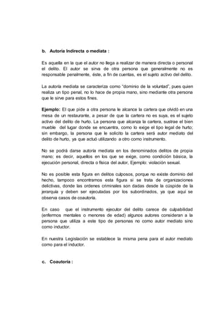 b. Autoría Indirecta o mediata :
Es aquella en la que el autor no llega a realizar de manera directa o personal
el delito. El autor se sirva de otra persona que generalmente no es
responsable penalmente, éste, a fin de cuentas, es el sujeto activo del delito.
La autoría mediata se caracteriza como “dominio de la voluntad”, pues quien
realiza un tipo penal, no lo hace de propia mano, sino mediante otra persona
que le sirve para estos fines.
Ejemplo: El que pide a otra persona le alcance la cartera que olvidó en una
mesa de un restaurante, a pesar de que la cartera no es suya, es el sujeto
activo del delito de hurto. La persona que alcanza la cartera, sustrae el bien
mueble del lugar donde se encuentra, como lo exige el tipo legal de hurto;
sin embargo, la persona que le solicito la cartera será autor mediato del
delito de hurto, ya que actuó utilizando a otro como instrumento.
No se podrá darse autoría mediata en los denominados delitos de propia
mano; es decir, aquellos en los que se exige, como condición básica, la
ejecución personal, directa o física del autor, Ejemplo: violación sexual.
No es posible esta figura en delitos culposos, porque no existe dominio del
hecho, tampoco encontramos esta figura si se trata de organizaciones
delictivas, donde las ordenes criminales son dadas desde la cúspide de la
jerarquía y deben ser ejecutadas por los subordinados, ya que aquí se
observa casos de coautoría.
En caso que el instrumento ejecutor del delito carece de culpabilidad
(enfermos mentales o menores de edad) algunos autores consideran a la
persona que utiliza a este tipo de personas no como autor mediato sino
como inductor.
En nuestra Legislación se establece la misma pena para el autor mediato
como para el inductor.
c. Coautoría :
 