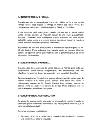 A. CONCURSO IDEAL O FORMAL
Cuando una sola acción configura dos o más delitos; es decir, una acción
infringe varios tipos legales o infringe el mismo tipo varias veces. Se
distingue dos elementos: Unidad de Acción y Pluralidad de Delitos.
Existe concurso ideal heterogéneo, cuando con una sola acción se realiza
varios delitos, ejemplo La violación sexual de una mujer provocándole
lesiones. Y concurso ideal homogéneo, cuando el mismo tipo penal resulte
aplicable varias veces a la misma acción, ejemplo al causar la muerte a
varias personas al hacer explosionar una bomba.
El problema se presenta en la práctica al momento de aplicar la pena. El Art.
48 del Código Penal establece que cuando existe un concurso ideal de
delitos, se reprimirá con la que establezca con la penal más grave, se aplica
el principio de absorción.
B. CONCURSO REAL O MATERIAL.
Cuando existe la concurrencia de varias acciones o hechos, pero cada uno
considerados como delitos independiente, nos encontramos ante una
pluralidad de acciones de un mismo agente y una pluralidad de delitos.
También pueden ser homogéneos, cuando el autor comete varias veces la
misma violación a la norma penal, ejemplo Juan estafa tres veces. Y
heterogéneo, cuando se ha violado diversos tipos penales, ejemplo se
comete delito de hurto y se lesiona. El Código Penal establece que se
aplicará la pena del delito de más grave.
C. CONCURSO REAL RETROSPECTIVO
Se presenta cuando existe una sentencia condenatoria y posteriormente se
descubre que el condenado ha cometido otro hecho punible antes de que se
dicte o expida la resolución.
Se da las siguientes posibilidades:
o El injusto penal, de acuerdo con la naturaleza de su comisión, merece
una pena inferior a las ya impuesta.
 