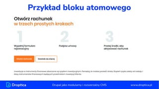 Przykład bloku atomowego
www.droptica.pl
Drupal jako modularny i rozszerzalny CMS
 