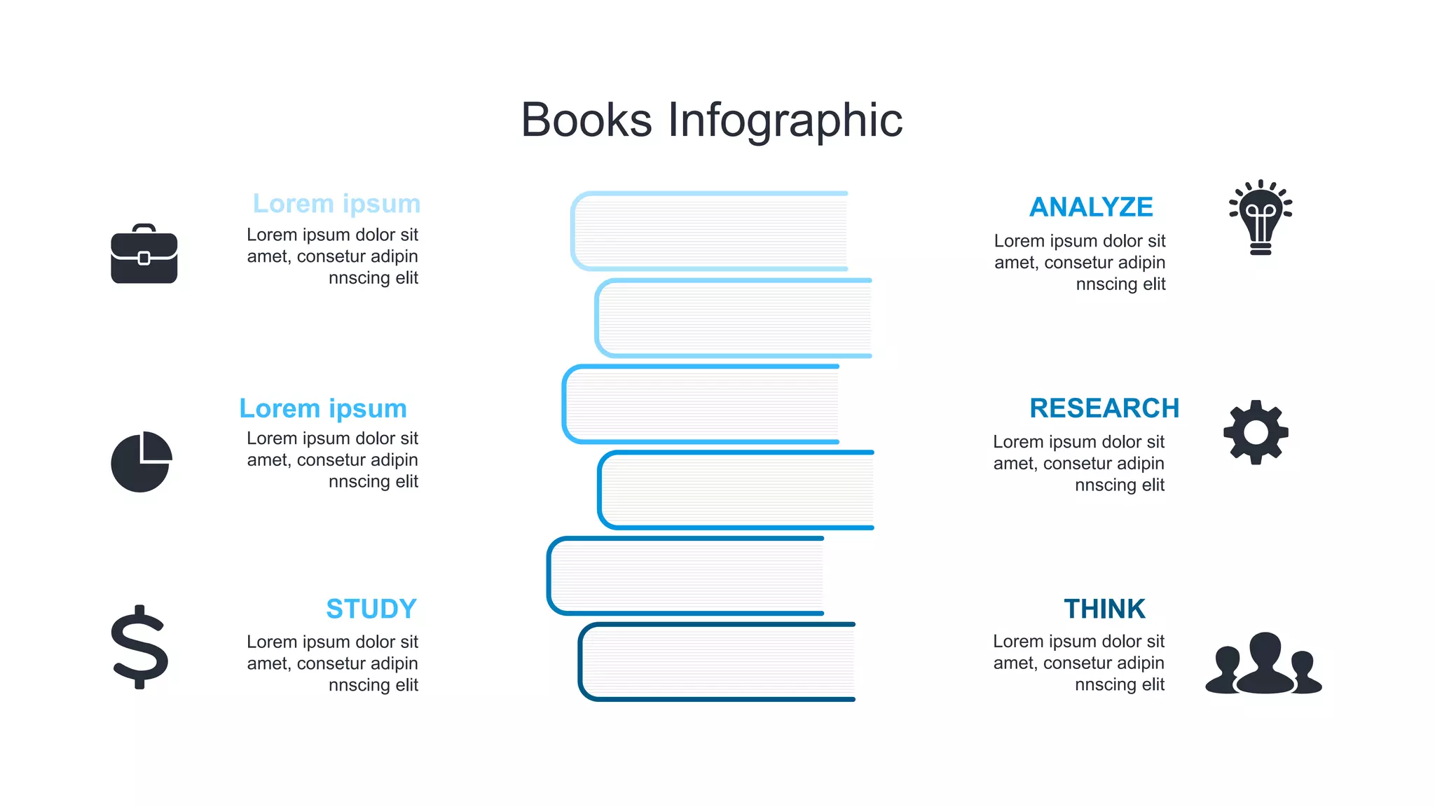 Books Infographic
Lorem ipsum dolor sit
amet, consetur adipin
nnscing elit
THINK
RESEARCH
ANALYZE
STUDY
Lorem ipsum
Lorem ipsum
Lorem ipsum dolor sit
amet, consetur adipin
nnscing elit
Lorem ipsum dolor sit
amet, consetur adipin
nnscing elit
Lorem ipsum dolor sit
amet, consetur adipin
nnscing elit
Lorem ipsum dolor sit
amet, consetur adipin
nnscing elit
Lorem ipsum dolor sit
amet, consetur adipin
nnscing elit
 