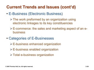 © 2007 Prentice Hall, Inc. All rights reserved. 2–29
Current Trends and Issues (cont’d)
• E-Business (Electronic Business)
The work preformed by an organization using
electronic linkages to its key constituencies
E-commerce: the sales and marketing aspect of an e-
business
• Categories of E-Businesses
E-business enhanced organization
E-business enabled organization
Total e-business organization
 