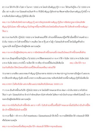 67.ก ข ค ได้ว่าจ้างให้ ง ไปฆ่า จ ในราคา 12000 บาท โดยทาเป็นสัญญากู้ว่า ก ข ค ได้ร่วมกันกู้เงิน ง ไป 12000 บาท
เมื่อ ง ฆ่า จ แล้ว ก ข ค ไม่ยอมชาระเงินค่าจ้าง ง จึงได้นาสัญญากู้ดังกล่าวมาฟ
้ องศาลเรียกเงินตามสัญญากู้ ดังนี้ก ข
ค จะต้องรับผิดตามสัญญากู้หรือไม่ เพียงใด
ตอบ ก ข ค ไม่ต้องรับผิดขาระตามสัญญากู้ เพราะวัตถุประสงค์ตามสัญญากู้เป็นการขัดต่อกฎหมายโดยแจ้งชัด
สัญญากู้เป็นโมฆะ หนี้ตามสัญญาไม่เกิดลูกหนี้ทุกคนได้รับประโยชน์เหมือนกันหมด คือ ไม่ต้องชาระหนี้ตามสัญญา
ให้แก่ ง
68.ก ข ค ร่วมกันให้ ง กู้เงินไป 15000 บาท โดยลักษณะที่ให้ ง ชาระหนี้ทั้งหมดแก่ผู้ใดก็ได้ เมื่อหนี้ถึงกาหนดขาระ ง
นาเงิน 15000 บาท ไปชาระหนี้ให้แก่ ก คนเดียว โดย ข ก็รู้ แต่ ค ไม่รู้ ก ไม่ยอมรับชาระหนี้โดยไม่มีมูลที่จะอ้าง
กฎหมายได้ เช่นนี้ผู้ใดตกเป็นผู้ผิดนัด เพราะเหตุใด
ตอบ ก ข ค ตกเป็นผู้ผิดนัดทุกคน เพราะ การผิดนัดของเจ้าหนี้ร่วมคนหนึ่ง ย่อมเป็นโทษแก่เจ้าหนี้ร่วมคนอื่นด้วย
69.ก ข ค เป็นลุกหนี้ร่วมกันกู้เงิน ง ไป 6000 บาท มีข้อตกลงระหว่าง ก ข ค ว่าให้ ก รับผิด 1000 บาท ข รับผิด 2000
บาท ค รับผิด 3000 บาท ดังนี้ง จะเรียกให้ ก ข หรือ ค ชาระหนี้ให้แก่ตนได้เพียงใด ตอบ ง เรียกให้ ก ข ค
ร่วมกันหรือเรียกให้คนใดคนหนึ่งชาระหนี้ให้ตนทั้งหมดหรือบางส่วนก็ได้
70.นายขาว นายเขียว และนายขม ทาสัญญากู้เงินนายขาม 90000 บาท ต่อมาปรากฏว่านายขาวเป็นผู้เยาว์ และนาย
ขาวได้บอกล้างสัญญากู้แล้ว เช่นนี้นายขาว นายเขียวและนายขม จะต้องรับผิดชาระหนี้ตามสัญญากู้หรือไม่เพียงใด
ตอบ นายขาว ไม่ต้องรับผิด แต่นายเชียวและนายชมต้องรับผิดคนละ 30000 บาท
71.ก ข ค เป็นเจ้าหนี้ร่วมกันให้ ง กู้เงินไป 9000 บาท โดยไม่มีกาหนดเวลาชาระ ต่อมา ง นาเงิน 9000 บาทไปชาระ
ให้แก่ ก แต่ ก ไม่ยอมรับชาระ อ้างว่ากาลังจะเดินทางไปต่างจังหวัด ไม่ต้องการนาเงินจานวนมากติดตัวไปเช่นนี้ก ข ค
จะตกเป็นผู้ผิดนัดหรือไม่ เพราะเหตุใด
ตอบ ก ข ค ยังไม่ถือเป็นเจ้าหนี้ผิดนัด เพราะ การที่ ก ไม่รับชาระหนี้ในหนี้ไม่มีกาหนดเวลานั้นยังไม่ถือว่าเป็นเจ้าหนี้ผิด
นัด เจ้าหนี้มีสิทธิไม่รับชาระหนี้ได้
72.ก ข ค ซื้อม้า 1 ตัว จาก ง ถึงกาหนดส่งมอบ ง ไม่ยอมส่งมอบม้าให้ ดังนี้ก ข ค จะมีสิทธิเรียกให้ ง ส่งมอบม้าให้ได้
หรือไม่เพราะเหตุใด
ตอบ ก ข ค คนใดคนหนึ่งหรือทุกคนเรียกให้ ง ส่งมอบม้าให้ได้หากทุกคนยินยอม
 