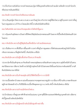 119.เกี่ยวกับความรับผิดในการกระทาของตนเอง ผู้เยาว์หรือบุคคลวิกลจริตกระทาละเมิด จะต้องมีการกระทาโยจงใจ
หรือประมาทเลินเล่อหรือไม่
ตอบ ต้องมีการกระทาโดยจงใจหรือประมาทเลินเล่อ
120.น เป็นบุตรผู้เยาว์ของ ส และ ม ส และ ม แยกกันอยู่ โดย ส รับราชการอยู่ที่เชียงใหม่ ม อยู่ที่กรุงเทพฯ ระหว่างที่อยู่
ในความดูแลของ ม น ทาร้าย ค โดยละเมิด ดังนี้ส จะต้องรับผิดด้วยหรือไม่
ตอบ ไม่ต้องรับผิด เพราะขณะเกิดเหตุละเมิด ส ไม่มีหน้าที่ดูแล น
121.จ คุ้นเคยกับสุนัขของ ข เป็นอย่างดีได้สอนให้สุนัขขโมยปลาสดของแม่ค้าในตลาด ดังนี้ใครต้องรับผิดต่อแม่ค้าปลา
ในตลาด
ตอบ จ ต้องรับผิด เพราะเป็นผู้ใช้สุนัขเป็นเครื่องมือในการทาละเมิดของตนเอง
122.ว ยืมลิงมาจาก ด เพื่อใช้ในการขึ้นมะพร้าว ระหว่างที่อยู่ในการดูแลของ ว ซึ่งพักผ่อนนอนหลับอยู่ ลิงเข้าไปขโมย
กล้วยจากสวนของ ม ที่อยู่ติดกันดังนี้ว ต้องรับผิด ม หรือไม่
ตอบ ต้องรับผิด เพราะเป็นผู้รับเลี้ยงรักษาไว้แทน ด เจ้าของลิง
123.ด.ช.นิด ซึ่งเป็นเด็กซุกซน เอาก้อนหินขว้างหยอกสุนัขของนายดีเล่นด้วยความสนุกสนาน สุนัขวิ่งหนีเข้าไปในสวน
ดอกไม้ของนายมา เสียหาย โดยที่ ด.ช.นิดไม่รู้ว่าสุนัขจะวิ่งเข้าไปในสวนดอกไม้นั้นและไม่ประมาทเลินเล่อดังนี้นานดี
ต้องรับผิดต่อนายมาหรือไม่
ตอบ ต้องรับผิด เพราะเป็นเจ้าของสุนัข แล้วไปใช้สิทธิไล่เบี้ยจาก ด.ช.นิดได้
124.กระเบื้องหลังคาบ้านของ ส แผ่นหนึ่งเผยออกมาจะหลุดตกลงมาอยู่แล้ว จ มาเยี่ยม ส ที่บ้านเห็น ม ทอดกล้วยแขก
อยู่ข้างล่างริมซอยข้างบ้าน จึงใช้ไม้เขี่ยกระเบื้องให้หลุดลงมาถูก ม บาดเจ็บ ดังนี้จ ต้องรับผิดต่อ ม หรือไม่
ตอบ ต้องรับผิด เพราะกระทาละเมิดโดยจงใจต่อ ม
125.ป
้ ายโฆษณา ตั้งอยู่บนดาดฟ
้ าตึกอย่าสงไม่แน่นหนา ถูกพายุที่มีได้ตามธรรมชาติพัดพังถูกบุคคลข้างล่าง เสียหาย
ดังนี้ผู้ครองป
้ ายต้องรับผิดหรือไม่
ตอบ ต้องรับผิด เพราะเป็นผู้ครองป
้ ายอันเป็นสิ่งปลูกสร้างอย่างอื่น
 