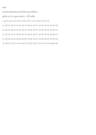 เฉลย
แบบประเมินผลตนเองก่อนเรียนและหลังเรียน
ชุดวิชา 41212 กฎหมายแพ่ง2 : หนี้ ละเมิด
1. (2) 2. (4) 3. (5) 4. (3) 5. (4) 6. (5) 7. (1) 8. (3) 9. (3) 10. (3)
11. (3) 12. (5) 13. (1) 14. (5) 15. (2) 16. (3) 17. (2) 18. (2) 19. (1) 20. (5)
21. (3) 22. (4) 23. (5) 24. (4) 25. (2) 26. (5) 27. (1) 28. (2) 29. (4) 30. (1)
31. (5) 32. (2) 33. (4) 34. (5) 35. (2) 36. (3) 37. (5) 38. (5) 39. (2) 40. (1)
41. (4) 42. (2) 43. (4) 44. (2) 45. (5) 46. (2) 47. (3) 48. (4) 49. (3) 50. (2)
51. (4) 52. (2) 53. (1) 54. (4) 55. (2) 56. (2) 57. (1) 58. (1) 59. (4) 60. (2)
 