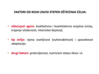 FAKTORI OD KOJIH ZAVISI STEPEN OŠTEĆENJA ĆELIJA:
• oštećujući agens: kvalitativna i kvantitativna svojstva (vrsta,
trajanje izloženosti, intenzitet dejstva);
• tip ćelije: njena osetljivost (vulnerabilnost) i sposobnost
adaptacije;
• drugi faktori: prokrvljenost, nutricioni status tkiva i sl.
 